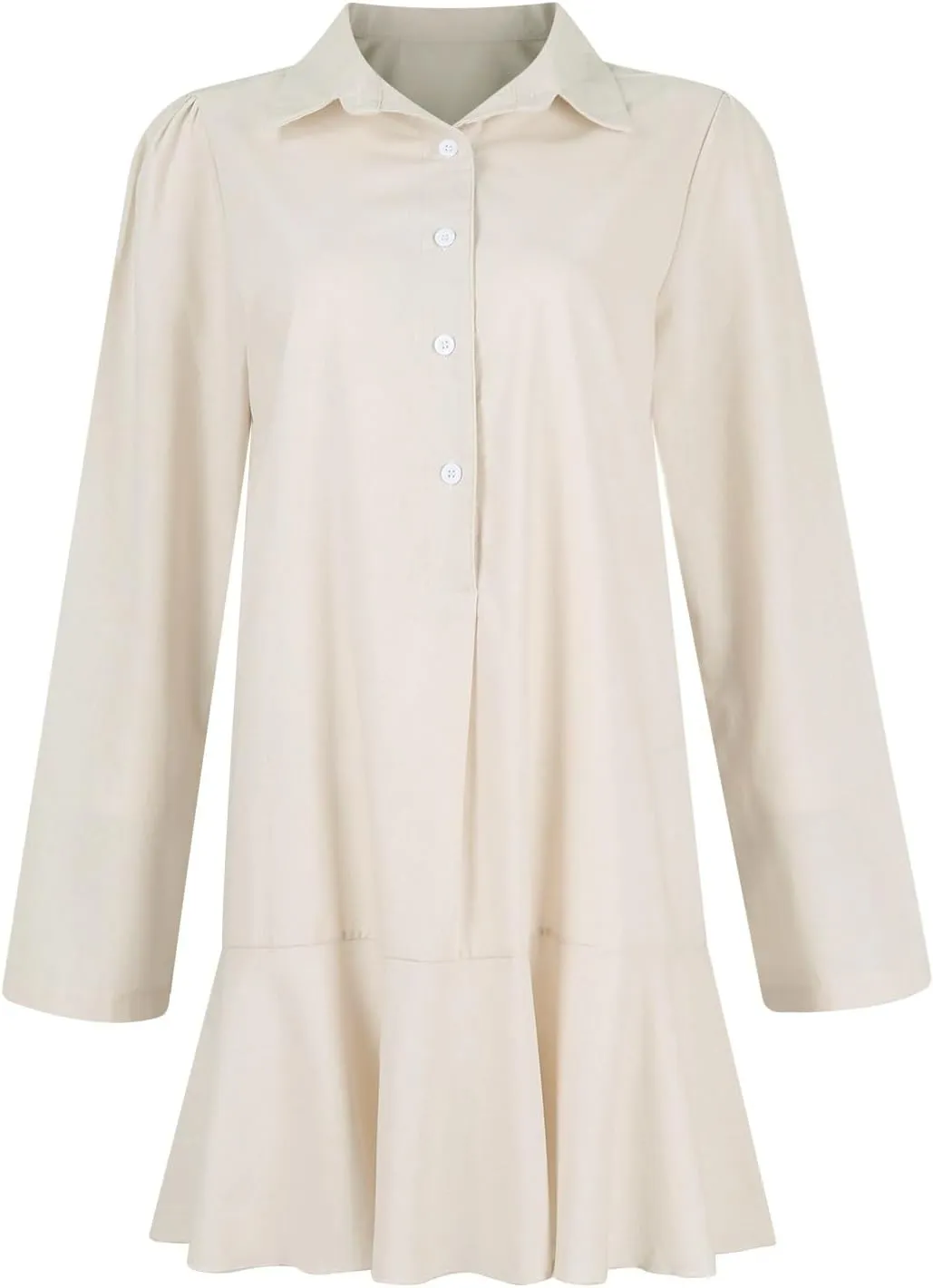 Linen Shirt Dresses for Women Button Down Long Sleeve Short Mini Dress Classic Collar Ruffle Flowy Hem Sundress