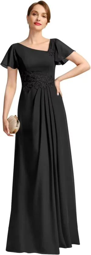 Long Chiffon Mother of The Bride Dress Ruffle Sleeve Asymmetrical Neck Formal Evening Gowns with Lace Appliques