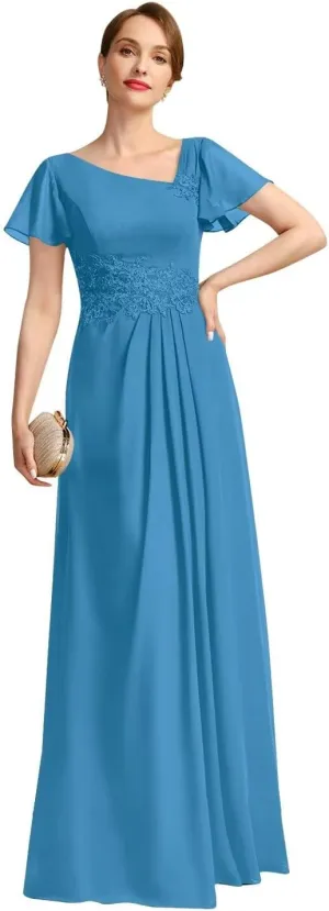 Long Chiffon Mother of The Bride Dress Ruffle Sleeve Asymmetrical Neck Formal Evening Gowns with Lace Appliques