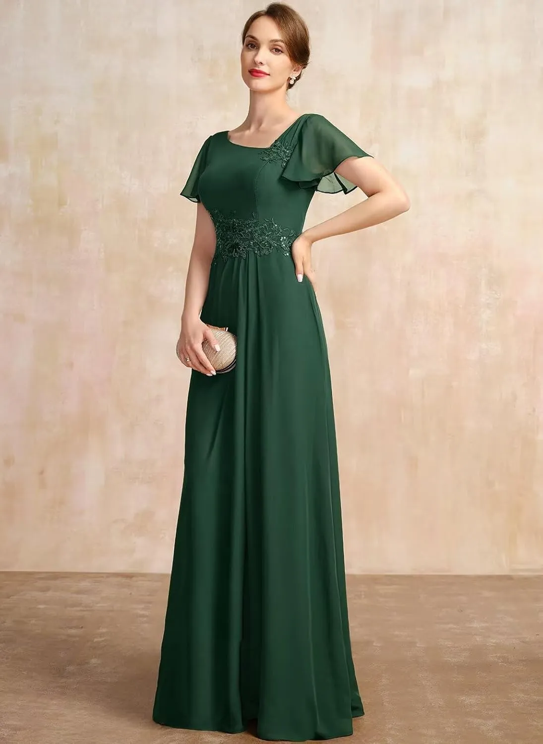 Long Chiffon Mother of The Bride Dress Ruffle Sleeve Asymmetrical Neck Formal Evening Gowns with Lace Appliques