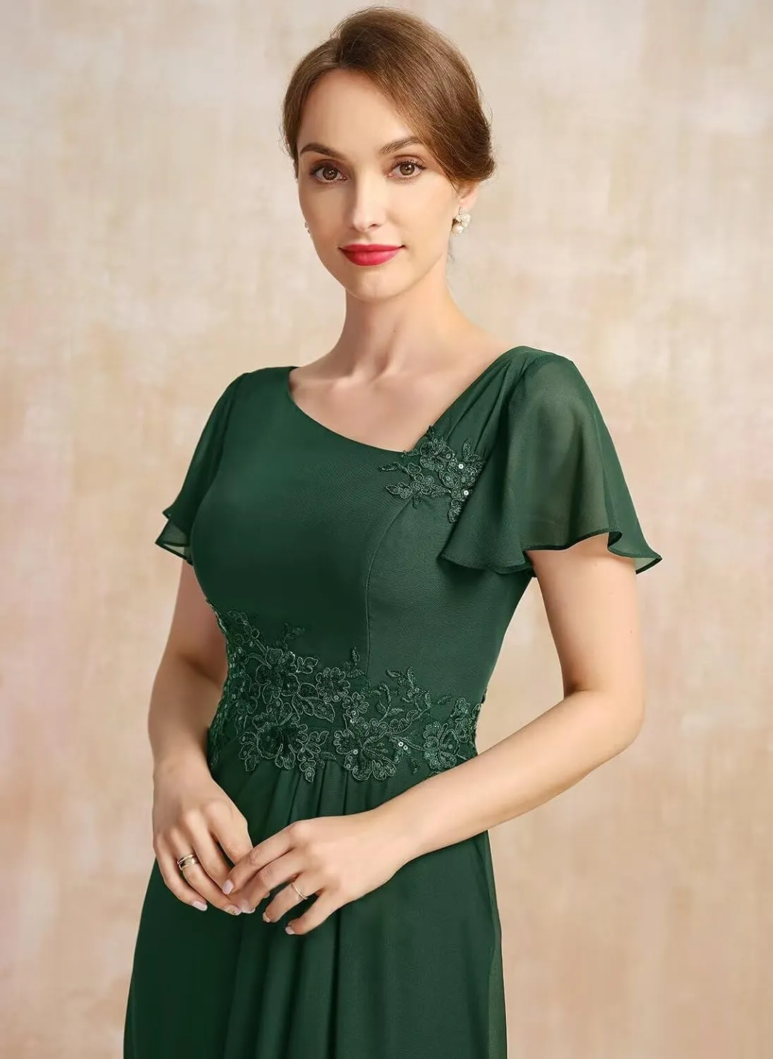 Long Chiffon Mother of The Bride Dress Ruffle Sleeve Asymmetrical Neck Formal Evening Gowns with Lace Appliques