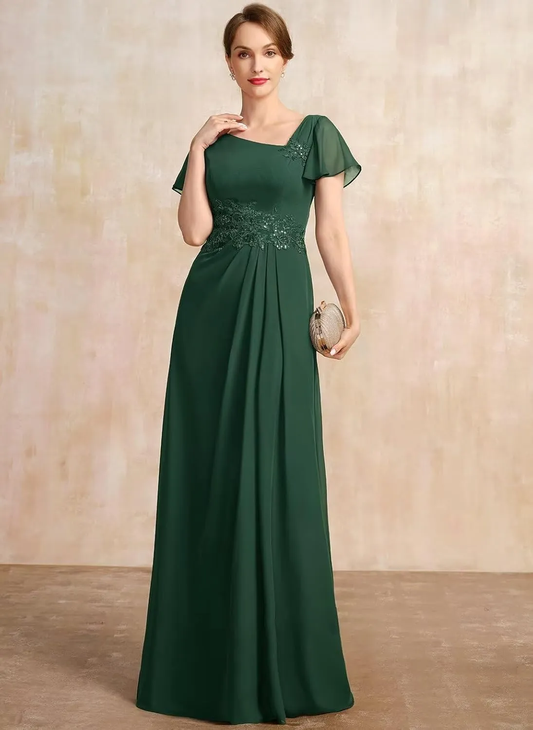 Long Chiffon Mother of The Bride Dress Ruffle Sleeve Asymmetrical Neck Formal Evening Gowns with Lace Appliques