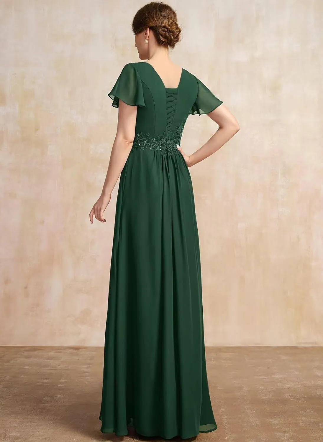 Long Chiffon Mother of The Bride Dress Ruffle Sleeve Asymmetrical Neck Formal Evening Gowns with Lace Appliques