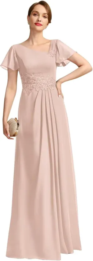 Long Chiffon Mother of The Bride Dress Ruffle Sleeve Asymmetrical Neck Formal Evening Gowns with Lace Appliques