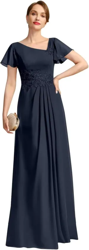 Long Chiffon Mother of The Bride Dress Ruffle Sleeve Asymmetrical Neck Formal Evening Gowns with Lace Appliques