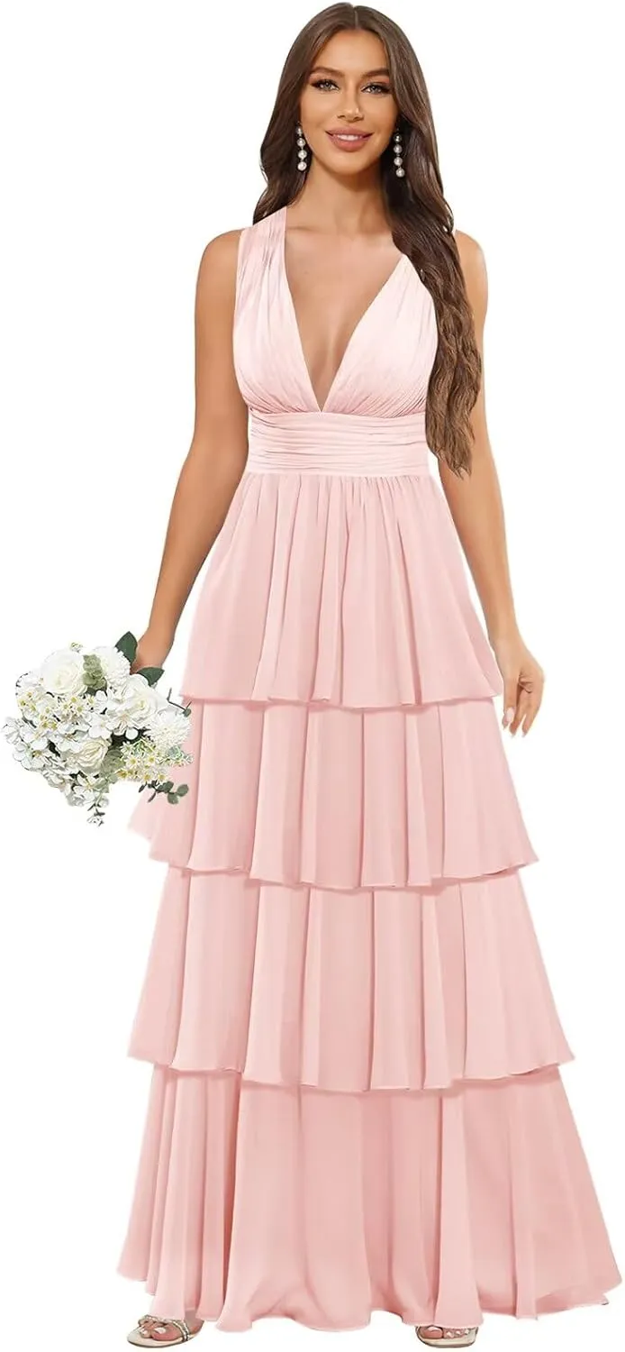 Long Chiffon Tiered Bridesmaid Dresses for Women A Line Pleated V Neck Ruffles Formal Evening Gown