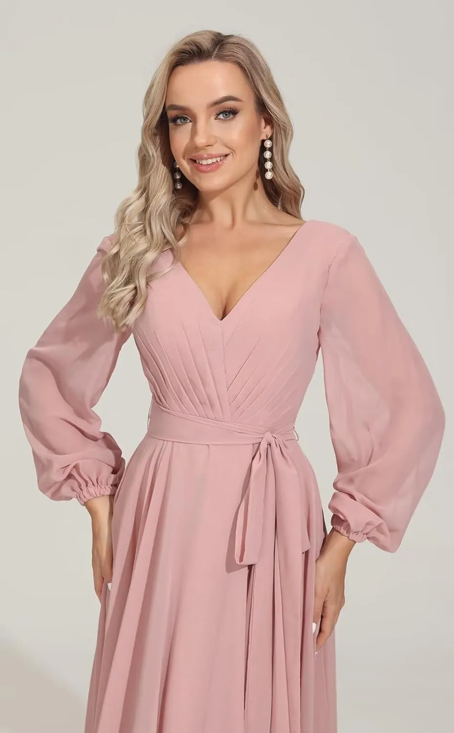Long Sleeve Bridesmaid Dress V Neckes 2025 New Chiffon Wedding Guest Dresses Formal Evening Dress for Women,R16