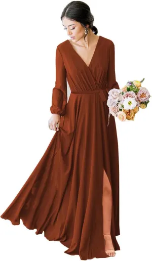 Long Sleeve Bridesmaid Dress V Neckes 2025 New Chiffon Wedding Guest Dresses Formal Evening Dress for Women,R16