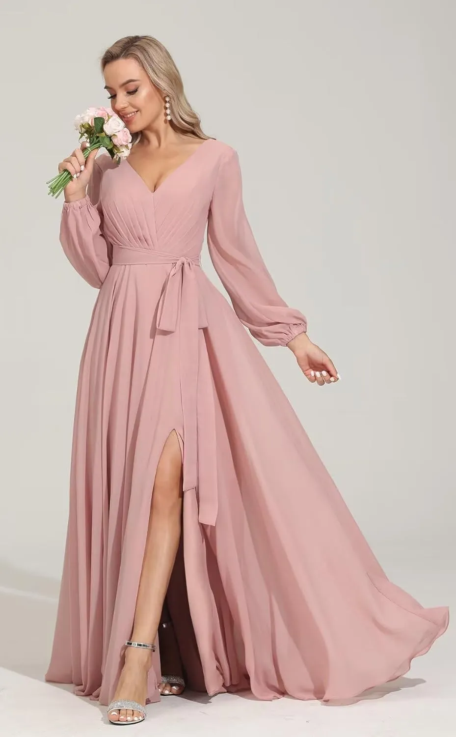 Long Sleeve Bridesmaid Dress V Neckes 2025 New Chiffon Wedding Guest Dresses Formal Evening Dress for Women,R16