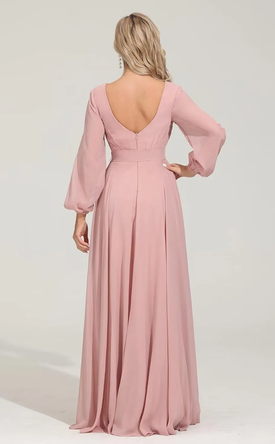Long Sleeve Bridesmaid Dress V Neckes 2025 New Chiffon Wedding Guest Dresses Formal Evening Dress for Women,R16