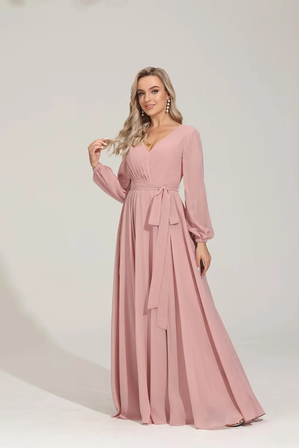 Long Sleeve Bridesmaid Dress V Neckes 2025 New Chiffon Wedding Guest Dresses Formal Evening Dress for Women,R16