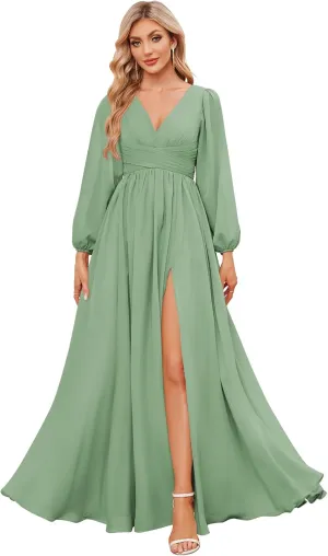 Long Sleeve Bridesmaid Dresses for Women Chiffon V Neck Ruched A Line Formal Evening Dress with Slit
