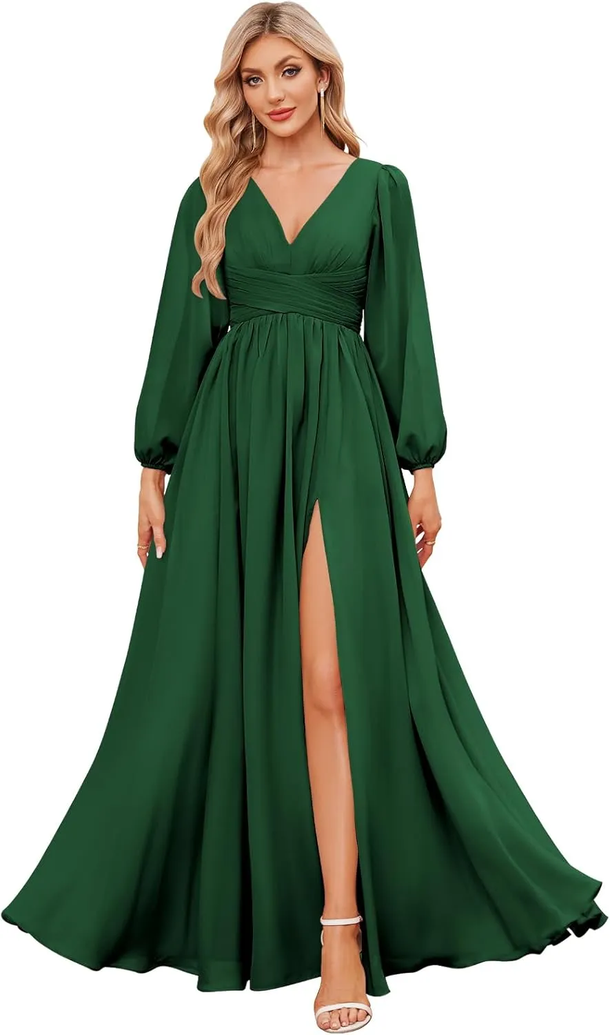 Long Sleeve Bridesmaid Dresses for Women Chiffon V Neck Ruched A Line Formal Evening Dress with Slit