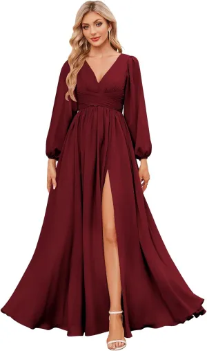 Long Sleeve Bridesmaid Dresses for Women Chiffon V Neck Ruched A Line Formal Evening Dress with Slit