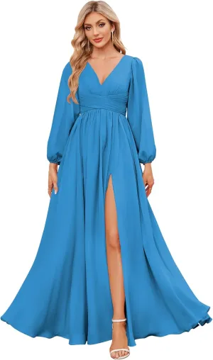 Long Sleeve Bridesmaid Dresses for Women Chiffon V Neck Ruched A Line Formal Evening Dress with Slit