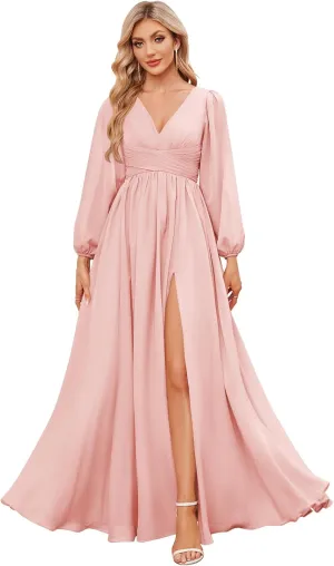Long Sleeve Bridesmaid Dresses for Women Chiffon V Neck Ruched A Line Formal Evening Dress with Slit