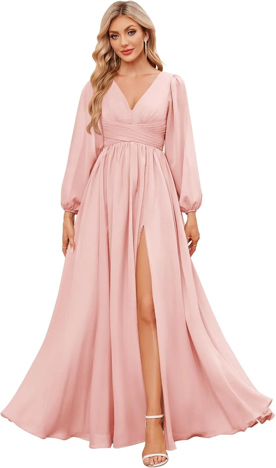 Long Sleeve Bridesmaid Dresses for Women Chiffon V Neck Ruched A Line Formal Evening Dress with Slit