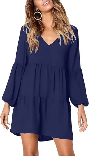 Long Sleeve Dress for Women,2025 Summer Casual Mini Dresses Loose Flowy Tiered Dress,V Neck Boho Ruffle Beach Dres