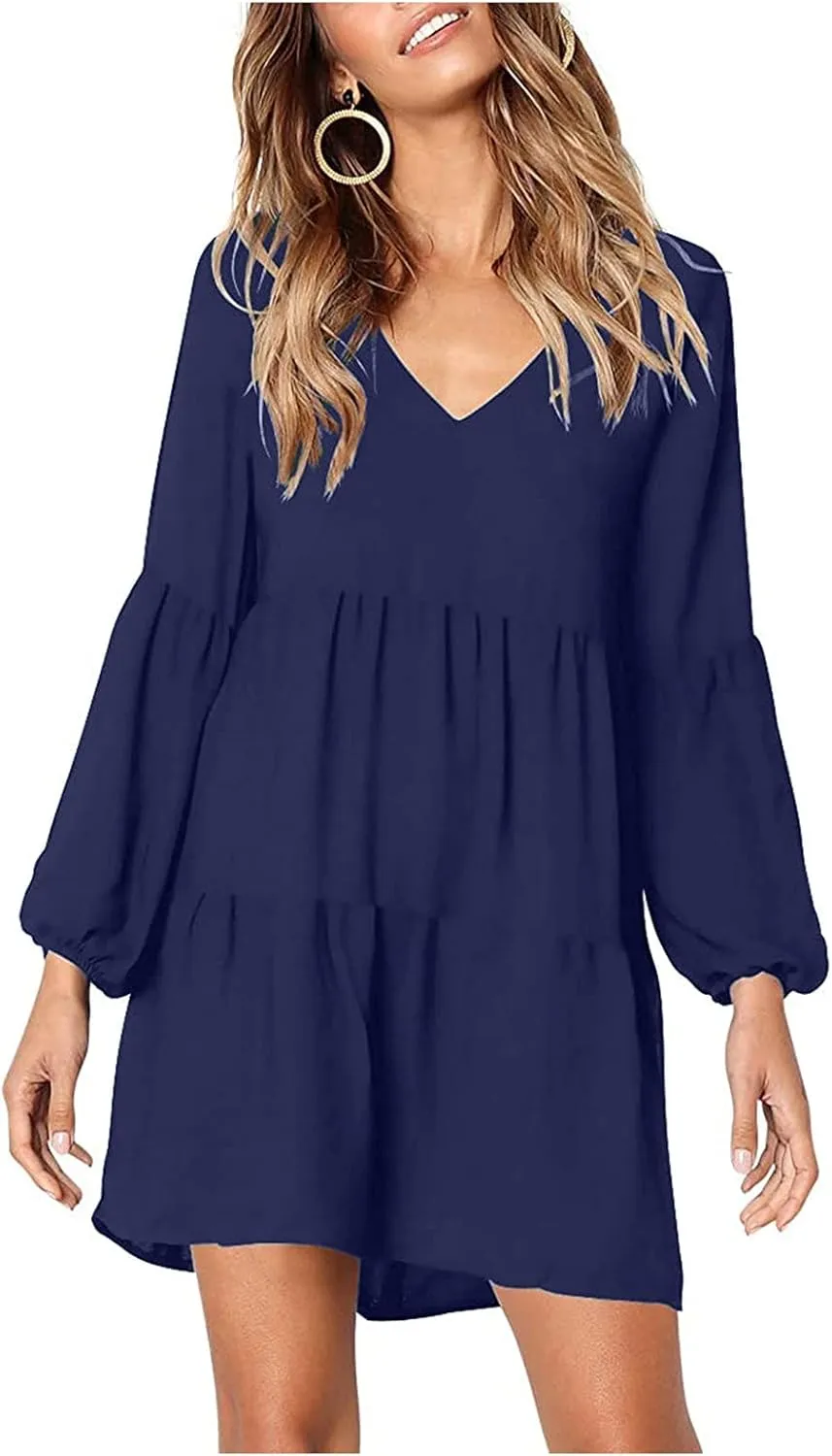 Long Sleeve Dress for Women,2025 Summer Casual Mini Dresses Loose Flowy Tiered Dress,V Neck Boho Ruffle Beach Dres
