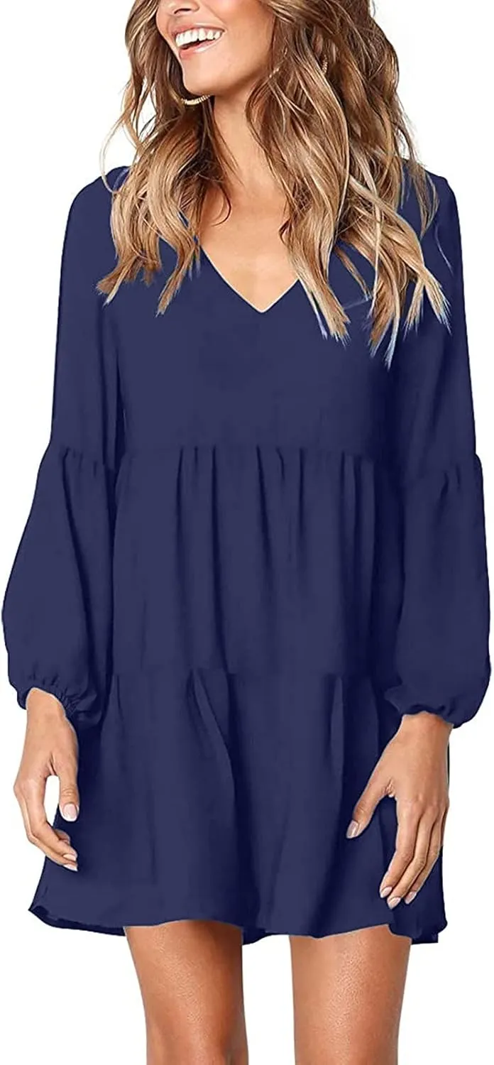 Long Sleeve Dress for Women,2025 Summer Casual Mini Dresses Loose Flowy Tiered Dress,V Neck Boho Ruffle Beach Dres