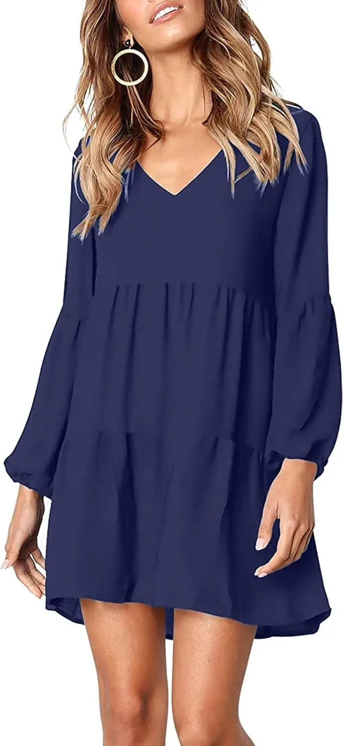 Long Sleeve Dress for Women,2025 Summer Casual Mini Dresses Loose Flowy Tiered Dress,V Neck Boho Ruffle Beach Dres