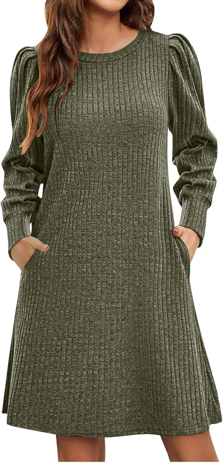 Long Sleeve Ribbed Knit Long Sleeve Dress with Pockets for Women Casual Winter Fall Midi Wedding Guest Work Outfits
