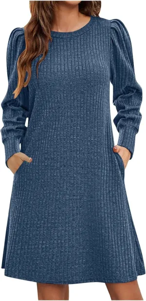 Long Sleeve Ribbed Knit Long Sleeve Dress with Pockets for Women Casual Winter Fall Midi Wedding Guest Work Outfits