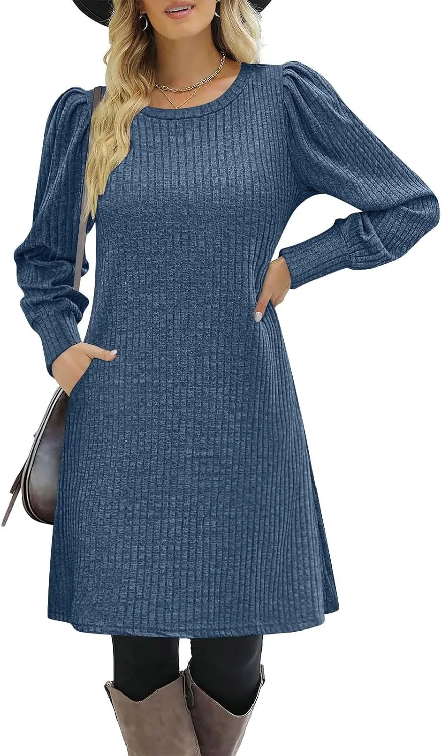 Long Sleeve Ribbed Knit Long Sleeve Dress with Pockets for Women Casual Winter Fall Midi Wedding Guest Work Outfits