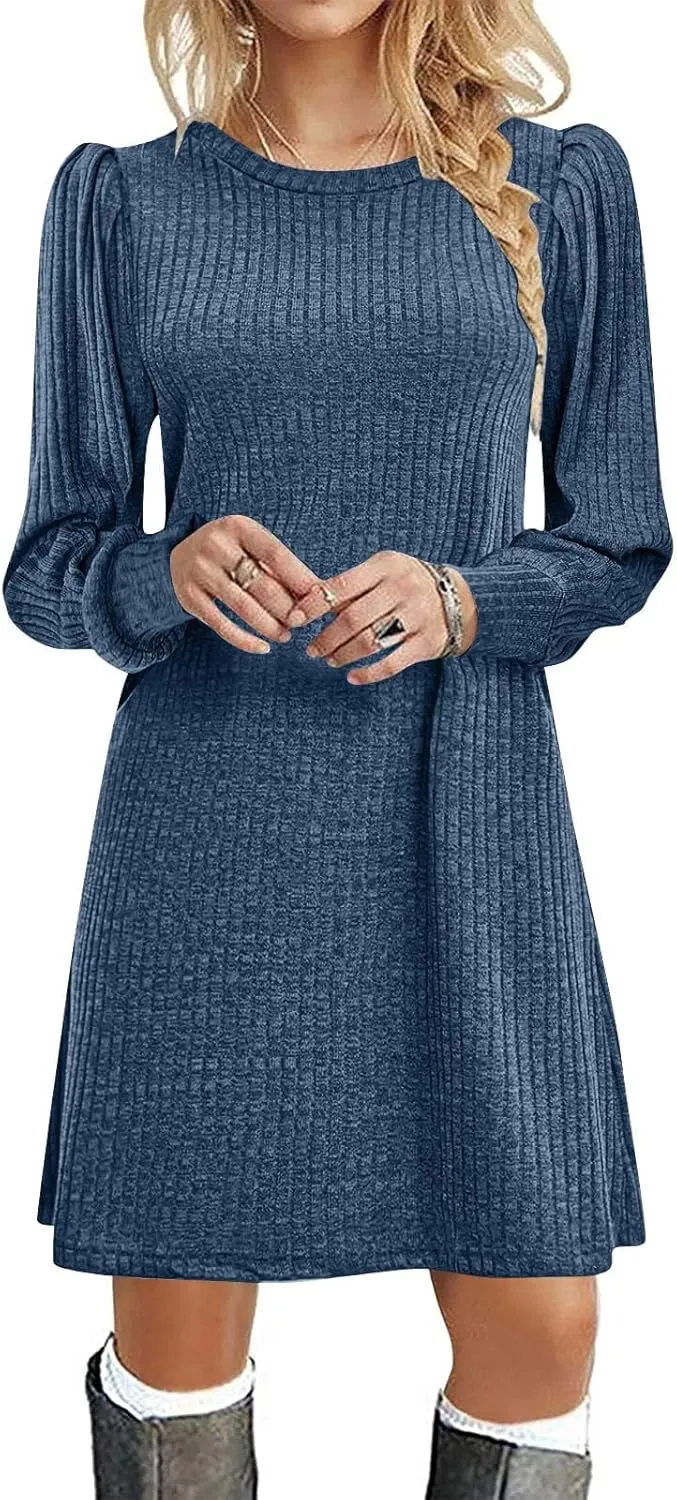 Long Sleeve Ribbed Knit Long Sleeve Dress with Pockets for Women Casual Winter Fall Midi Wedding Guest Work Outfits