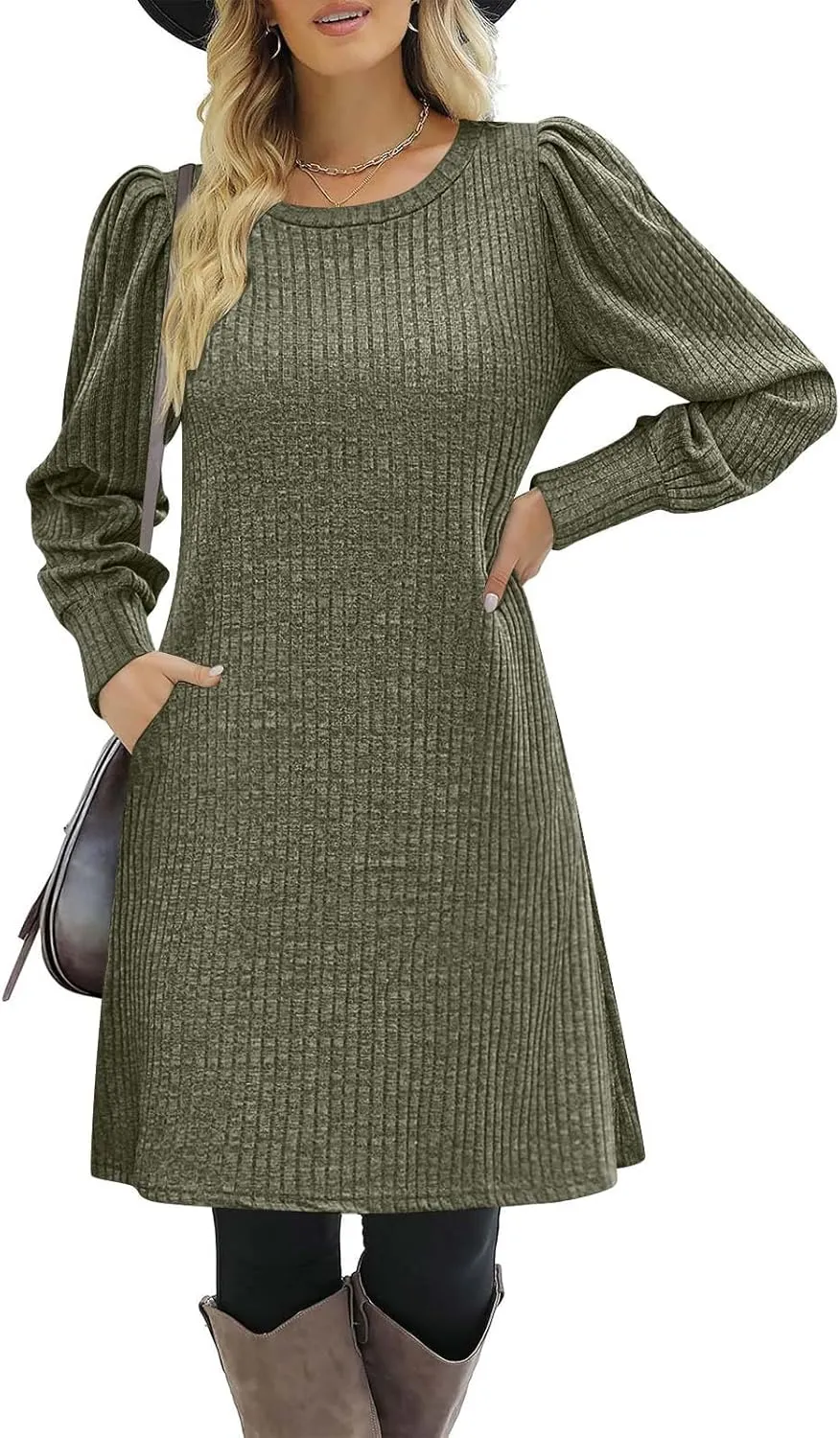 Long Sleeve Ribbed Knit Long Sleeve Dress with Pockets for Women Casual Winter Fall Midi Wedding Guest Work Outfits