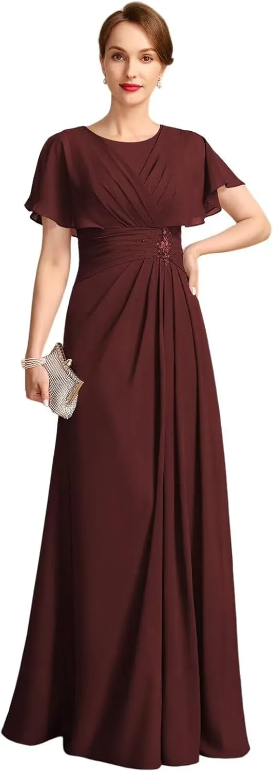 Loyeloy Women's Chiffon Mother of The Bride Dresses 2025 Jewel Flutter Sleeves Aline Formal Party Gowns