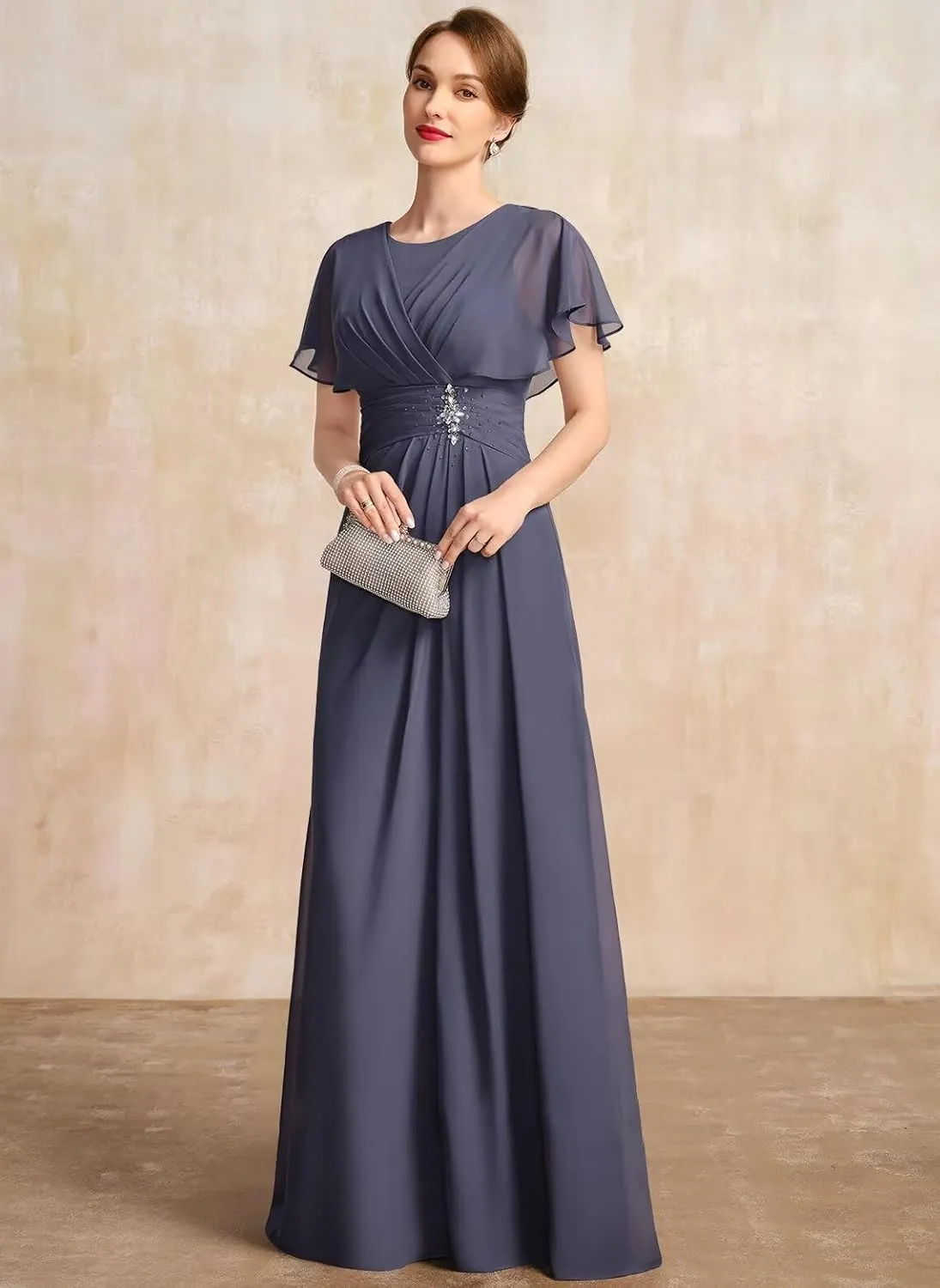 Loyeloy Women's Chiffon Mother of The Bride Dresses 2025 Jewel Flutter Sleeves Aline Formal Party Gowns