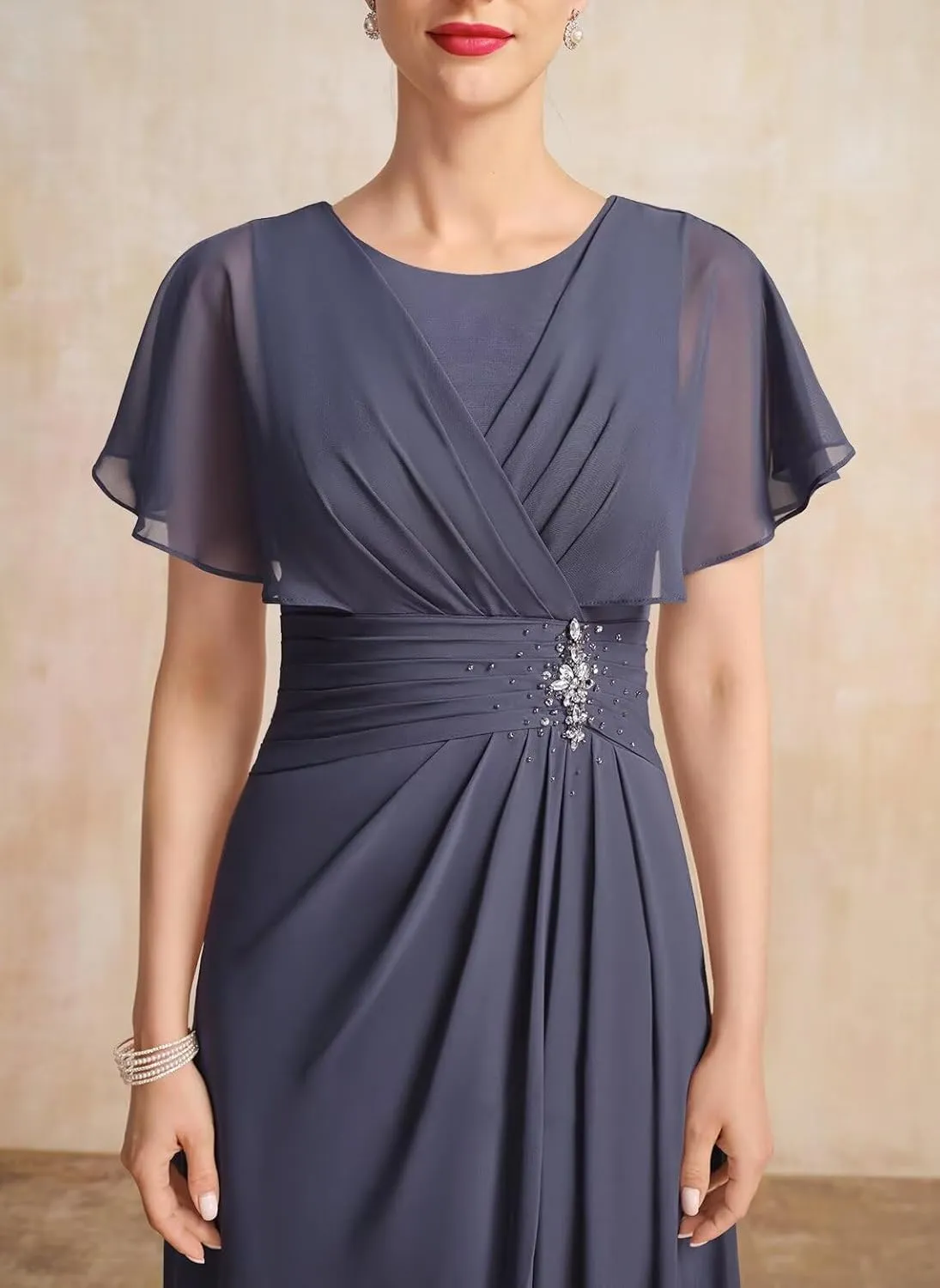 Loyeloy Women's Chiffon Mother of The Bride Dresses 2025 Jewel Flutter Sleeves Aline Formal Party Gowns