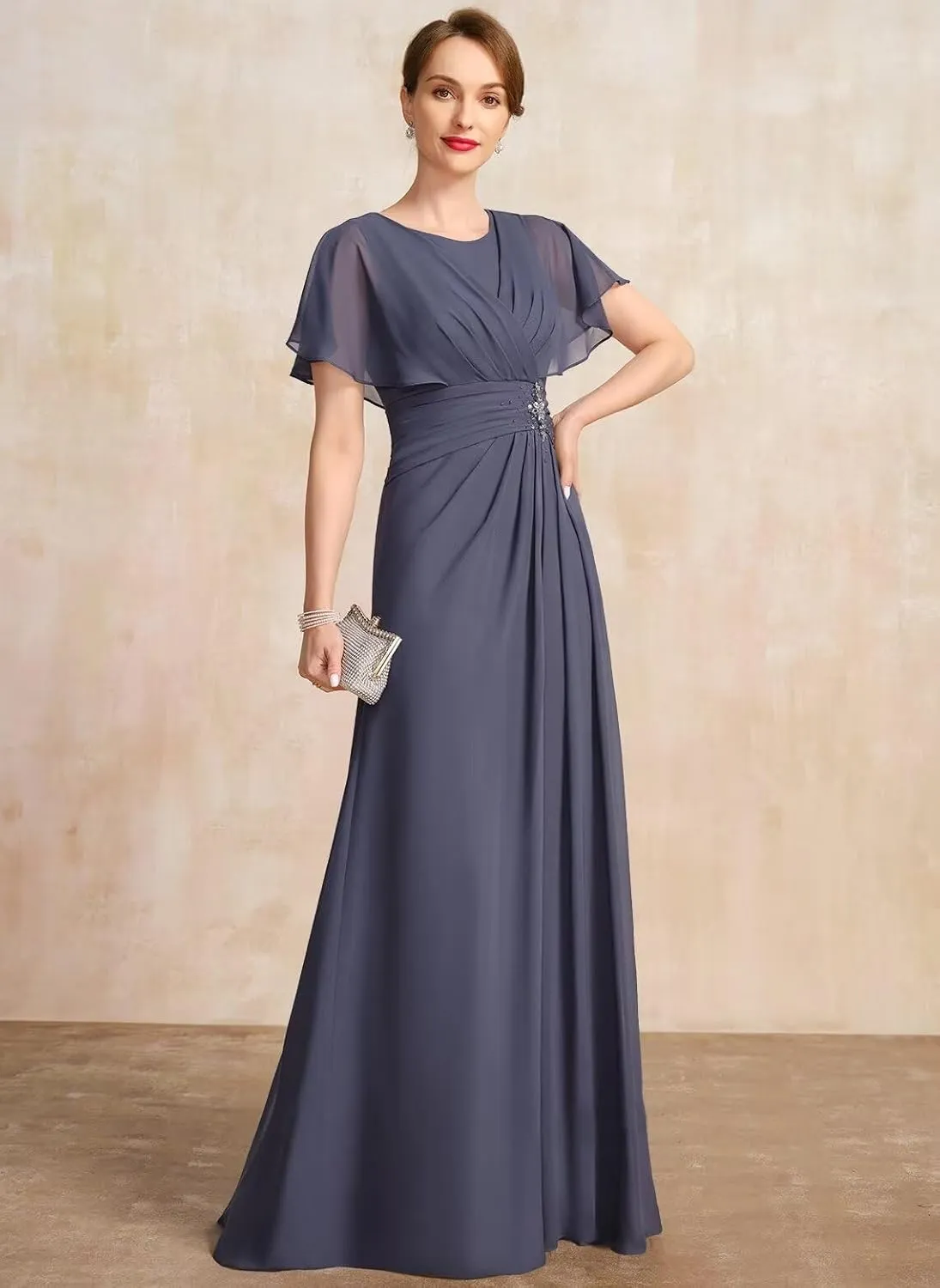 Loyeloy Women's Chiffon Mother of The Bride Dresses 2025 Jewel Flutter Sleeves Aline Formal Party Gowns