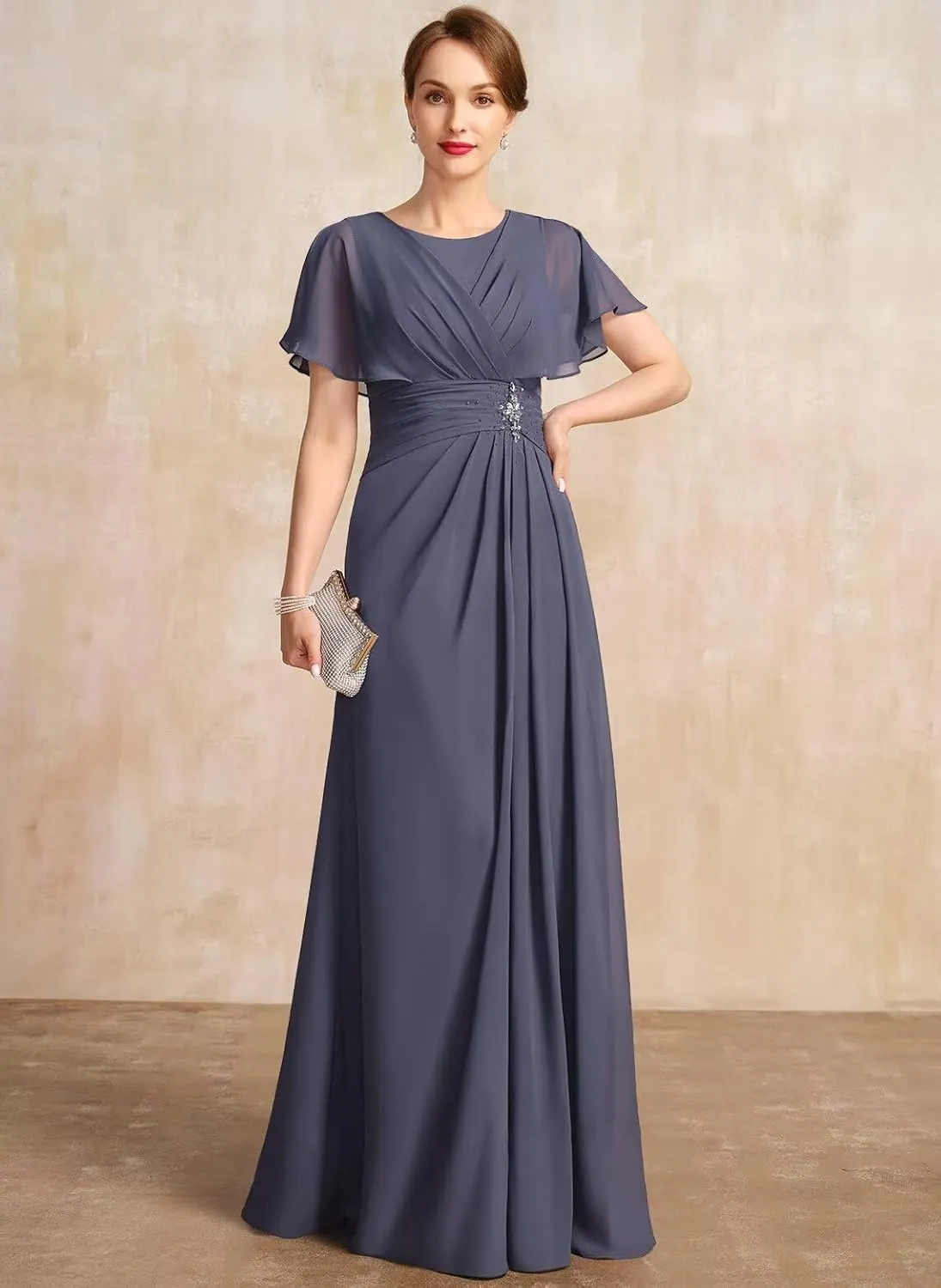 Loyeloy Women's Chiffon Mother of The Bride Dresses 2025 Jewel Flutter Sleeves Aline Formal Party Gowns