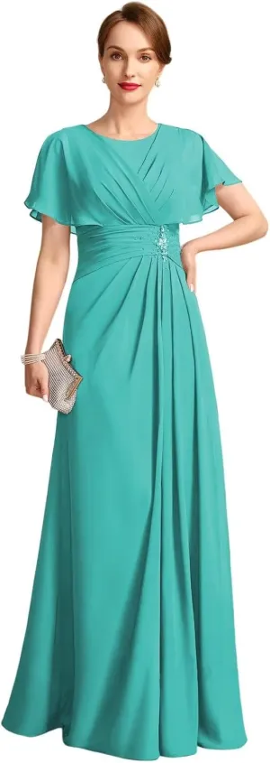 Loyeloy Women's Chiffon Mother of The Bride Dresses 2025 Jewel Flutter Sleeves Aline Formal Party Gowns