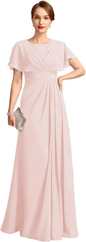 Loyeloy Women's Chiffon Mother of The Bride Dresses 2025 Jewel Flutter Sleeves Aline Formal Party Gowns