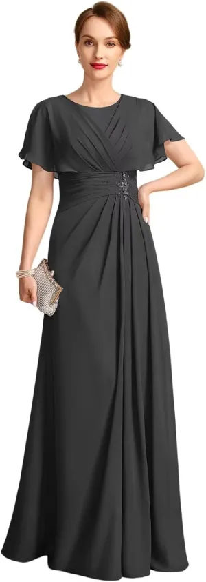 Loyeloy Women's Chiffon Mother of The Bride Dresses 2025 Jewel Flutter Sleeves Aline Formal Party Gowns