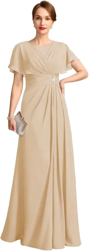 Loyeloy Women's Chiffon Mother of The Bride Dresses 2025 Jewel Flutter Sleeves Aline Formal Party Gowns