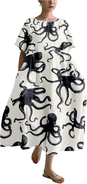 MARSVOVO Summer Dresses for Women 2024 Plus Size Classic Octopus Pattern Loose Crew Neck Short Sleeve Loose Maxi Dress