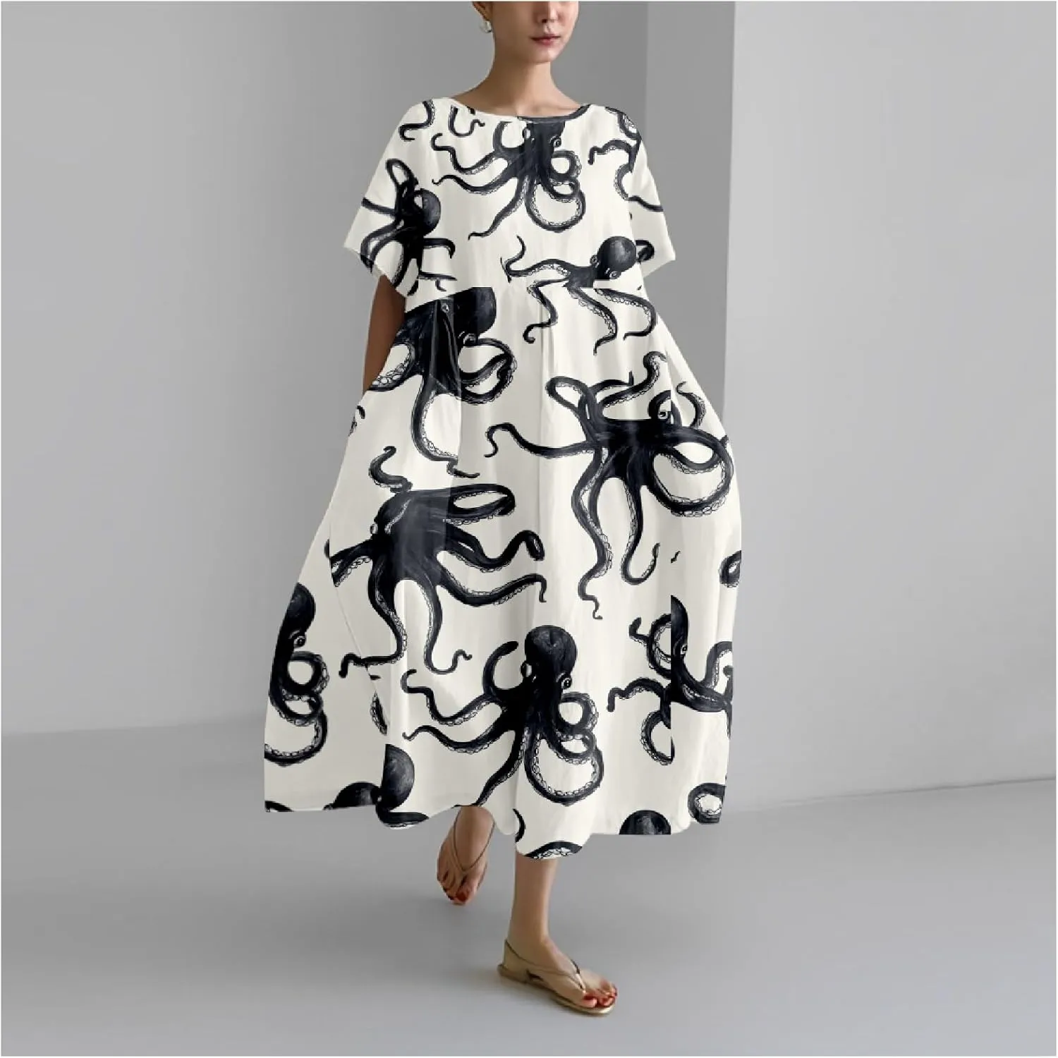 MARSVOVO Summer Dresses for Women 2024 Plus Size Classic Octopus Pattern Loose Crew Neck Short Sleeve Loose Maxi Dress