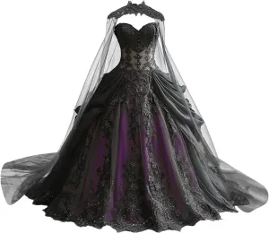 Mauuwy Gothic Weeding Dresses for Brides Black Lace Applique Bridal Dresses Embroidery Tiered Tulle Wedding Gown with Cape