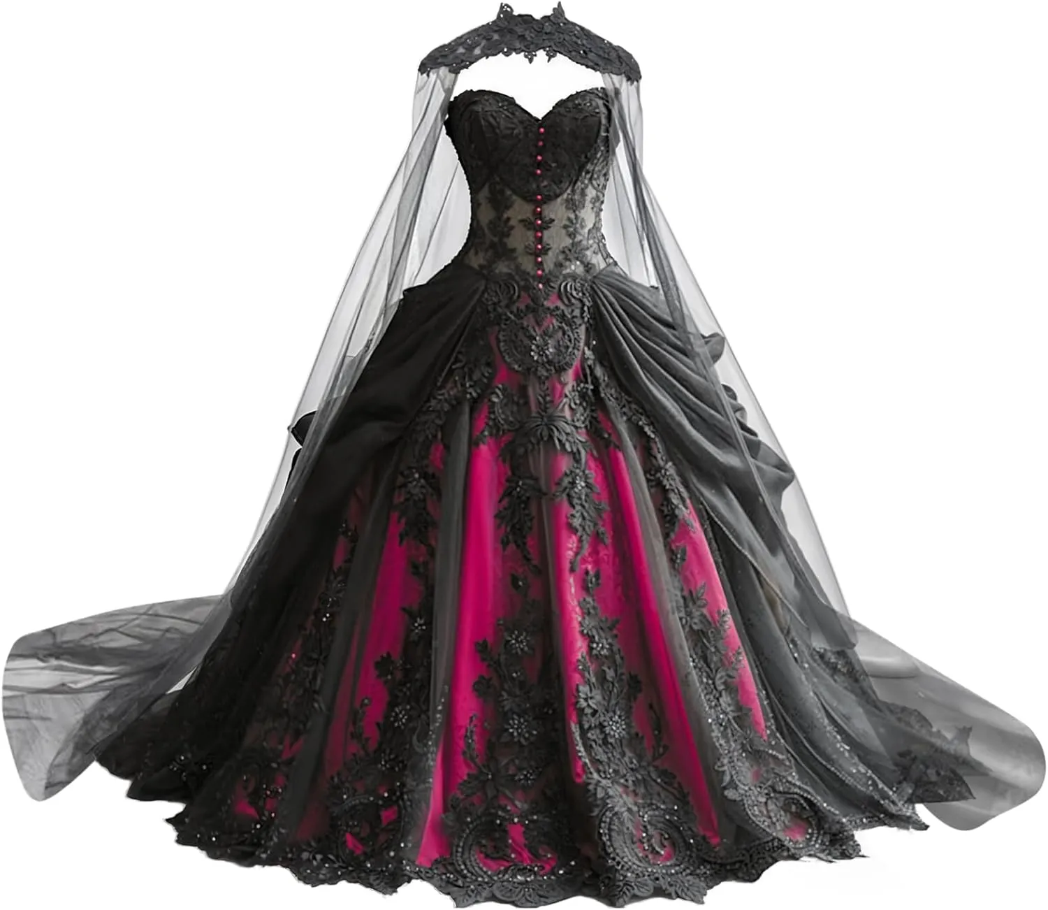 Mauuwy Gothic Weeding Dresses for Brides Black Lace Applique Bridal Dresses Embroidery Tiered Tulle Wedding Gown with Cape