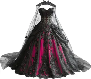 Mauuwy Gothic Weeding Dresses for Brides Black Lace Applique Bridal Dresses Embroidery Tiered Tulle Wedding Gown with Cape