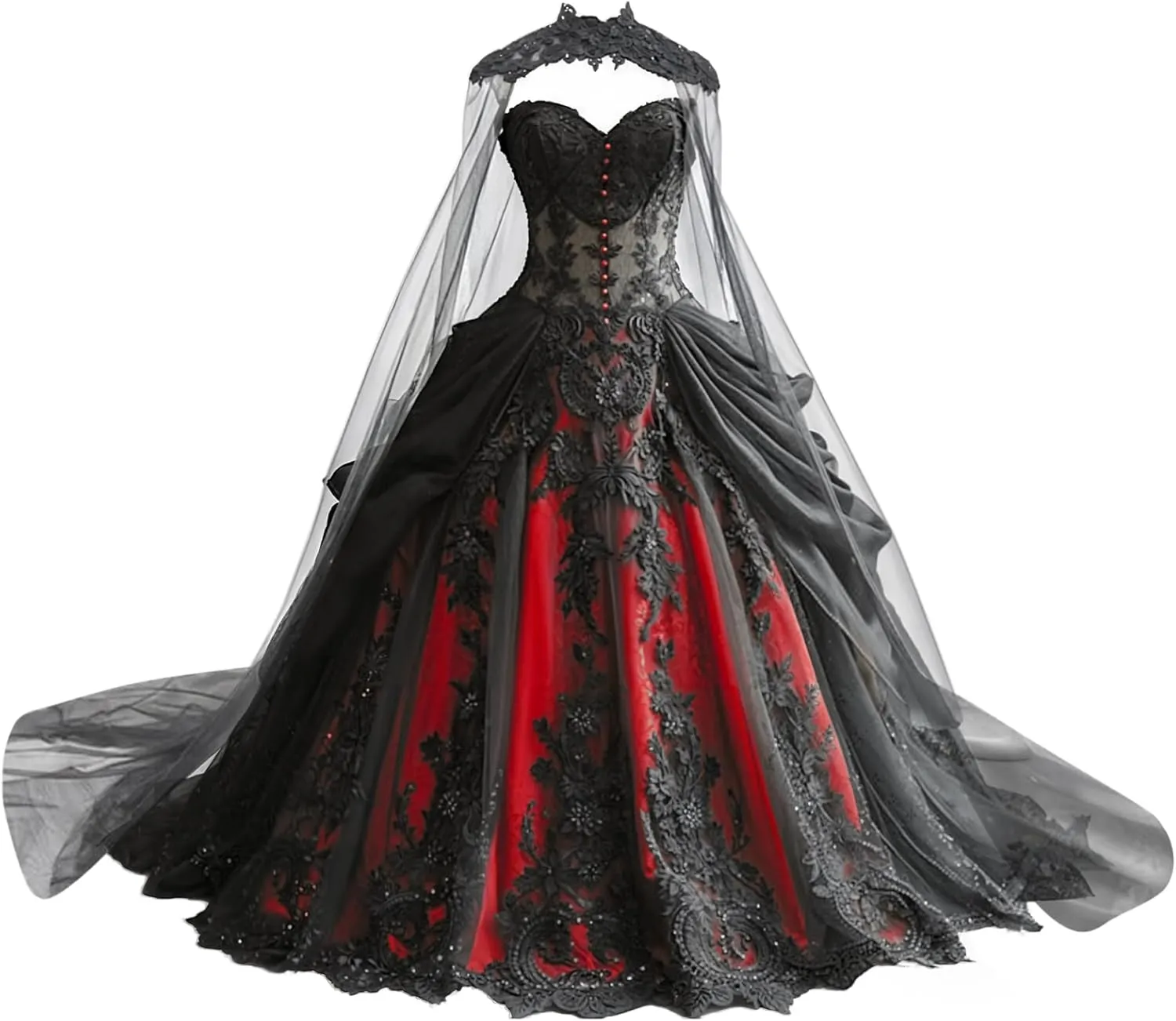 Mauuwy Gothic Weeding Dresses for Brides Black Lace Applique Bridal Dresses Embroidery Tiered Tulle Wedding Gown with Cape