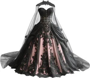 Mauuwy Gothic Weeding Dresses for Brides Black Lace Applique Bridal Dresses Embroidery Tiered Tulle Wedding Gown with Cape