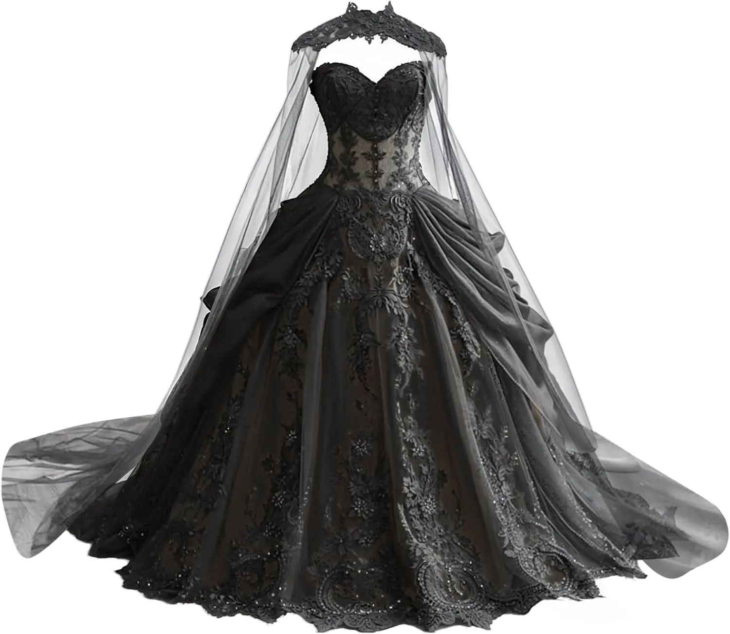 Mauuwy Gothic Weeding Dresses for Brides Black Lace Applique Bridal Dresses Embroidery Tiered Tulle Wedding Gown with Cape