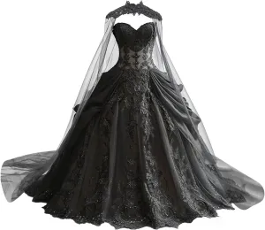 Mauuwy Gothic Weeding Dresses for Brides Black Lace Applique Bridal Dresses Embroidery Tiered Tulle Wedding Gown with Cape