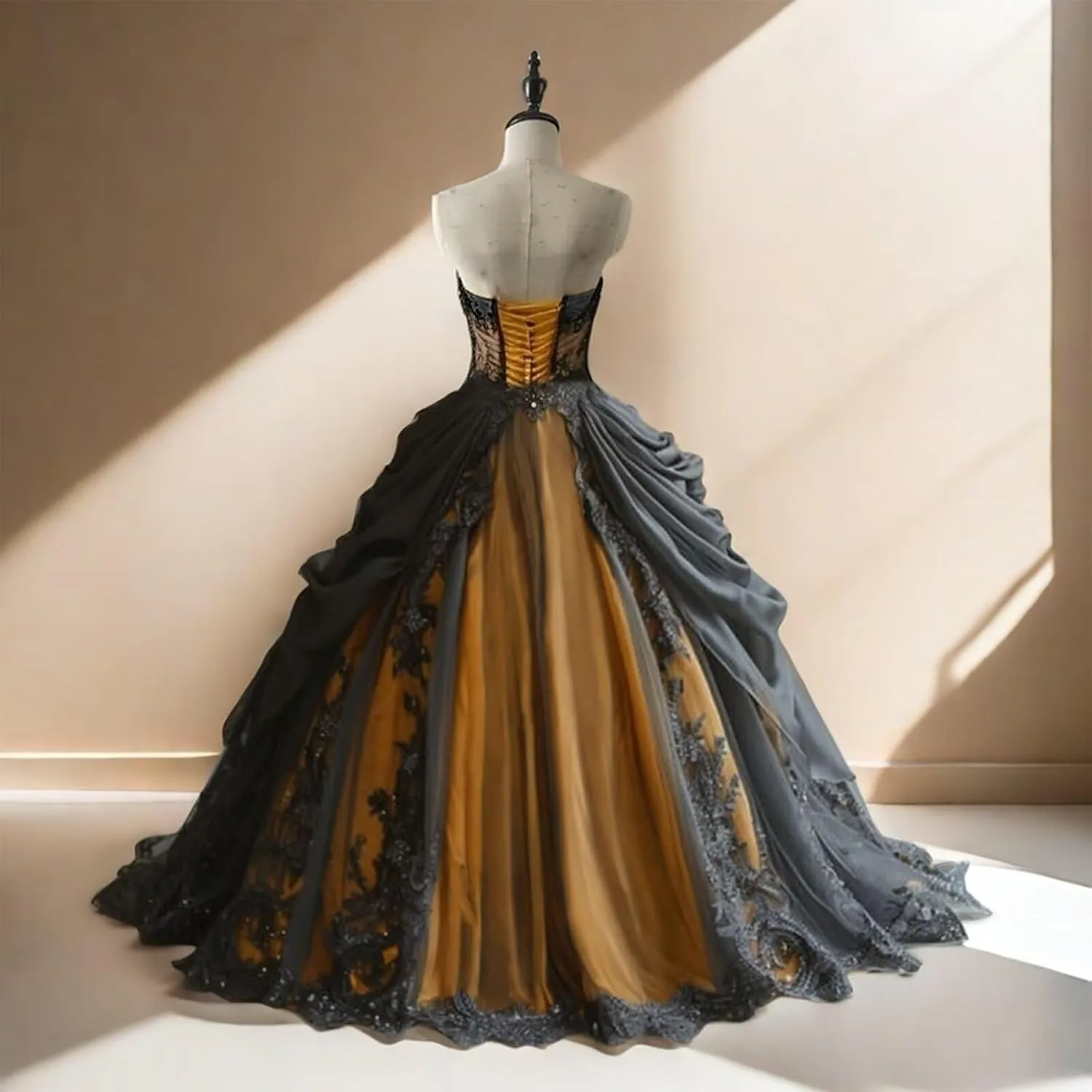 Mauuwy Gothic Weeding Dresses for Brides Black Lace Applique Bridal Dresses Embroidery Tiered Tulle Wedding Gown with Cape