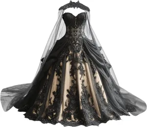 Mauuwy Gothic Weeding Dresses for Brides Black Lace Applique Bridal Dresses Embroidery Tiered Tulle Wedding Gown with Cape